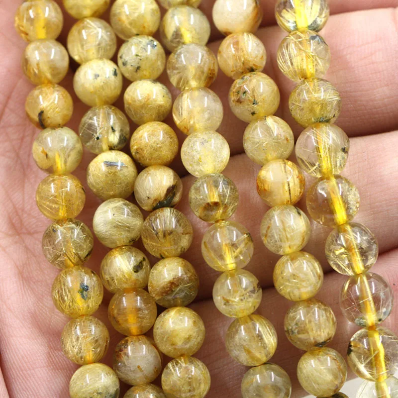 Fashion Natural Quartz Rutilated Stone Beads Top Grade Golden Yellow Round Tourmaline Hair Crystal Bead For DIY Bracelet Jewelry