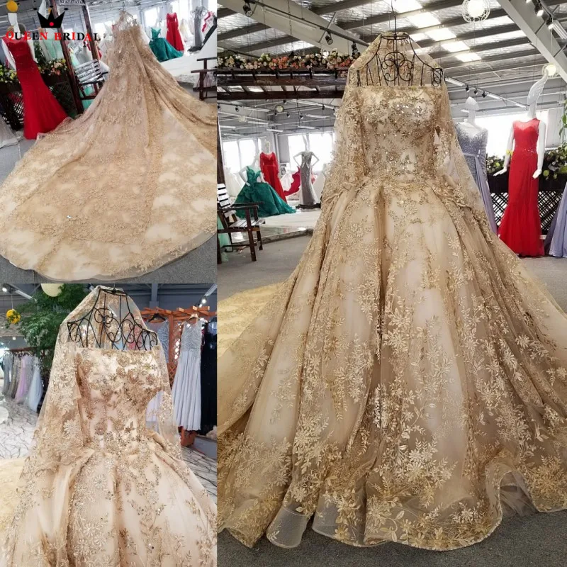 

Ball Gown Fluffy Wedding Dresses Gold Lace Crystal Beaded Luxury Wedding Gowns Bridal Gown 2021 New 100% Real Photos WD01