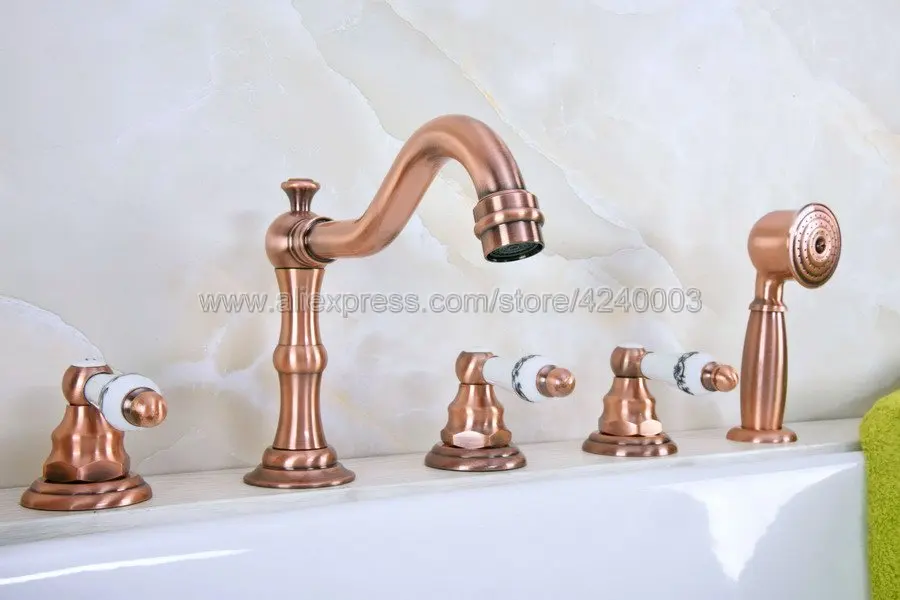 

Antique Red Copper Deck Mounted 5pcs Bath tub Faucet Mixers Widespread Bathtub Faucet with Handshower Ktf225