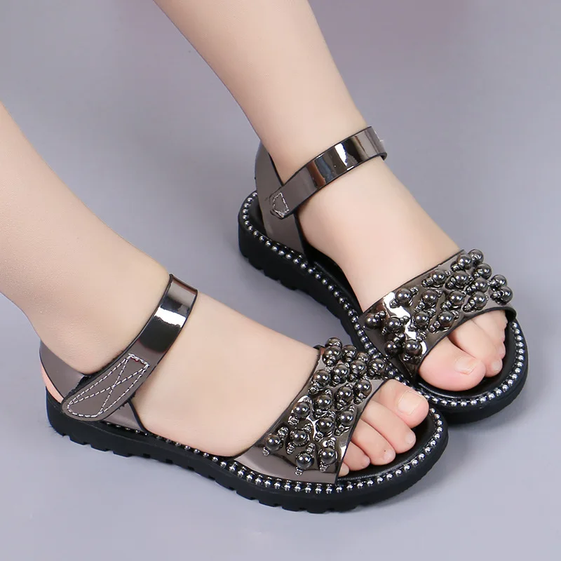 2022 Summer New Girl Rhineston Sandals Kids Child Fashion Bead Patent Leather Princess Sandals Party Shoe For Girls Big Shoe