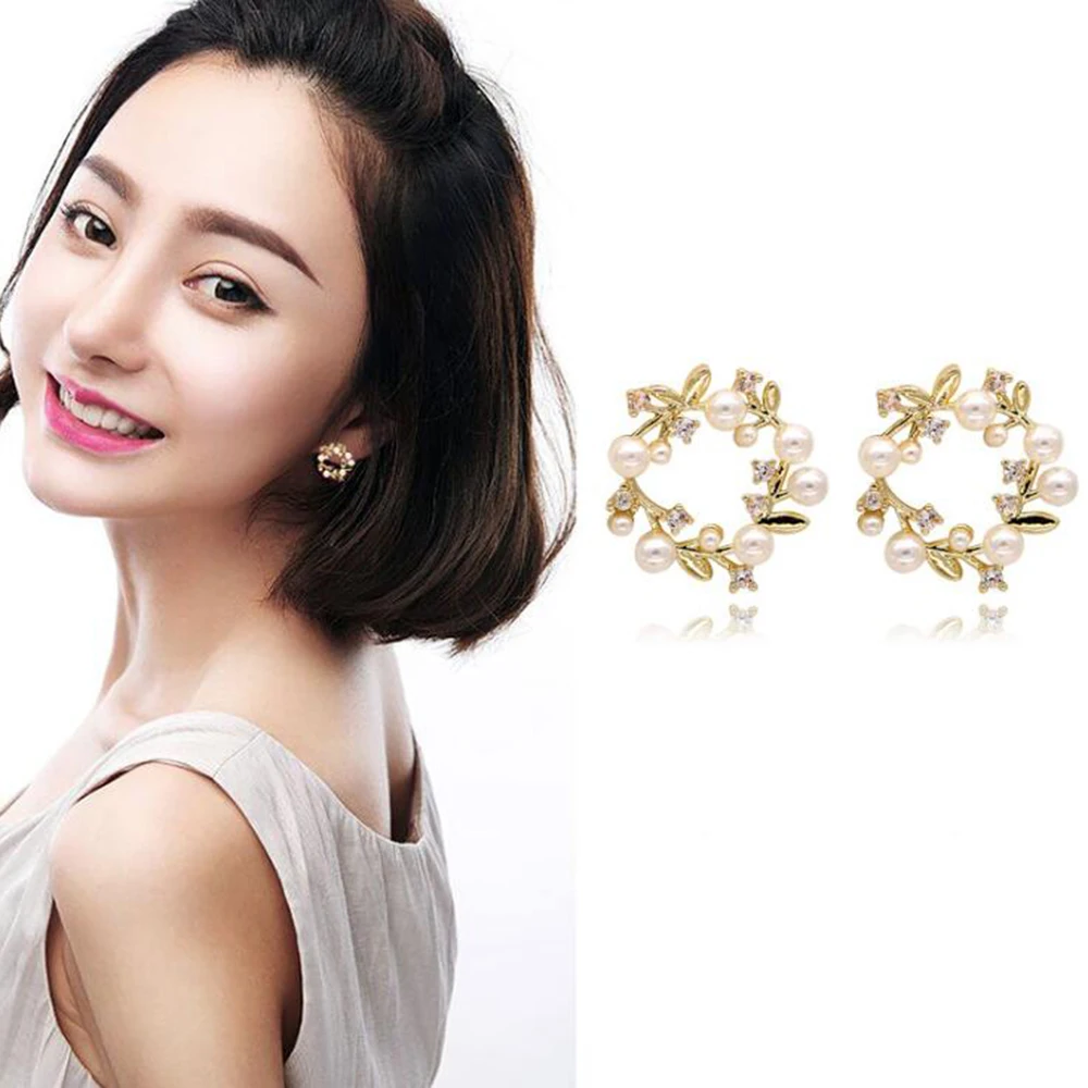 GRACE JUN New Arrival CZ  Pearl Clip on Earrings and Pierced Earrings for Women Party Wedding Elegant Wreath Earrings Hot Sale