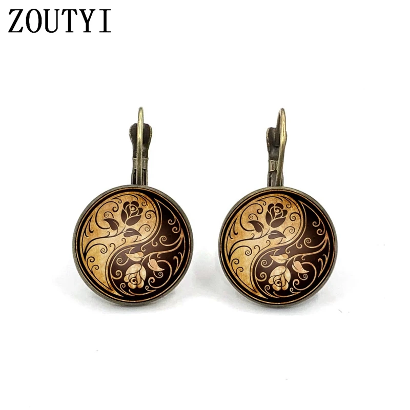 Новинка-гламур-модная-Роза-Инь-и-Ян-тайцзи-фото-узор-Выпуклое-стекло-инкрустация-серьги-женское-украшение