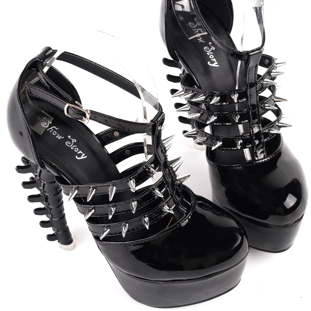 LF80644 Punk Black T Strappy Spike Platform Bone Heel Club Sandals Size 5/6/7/8/9/9.5/10