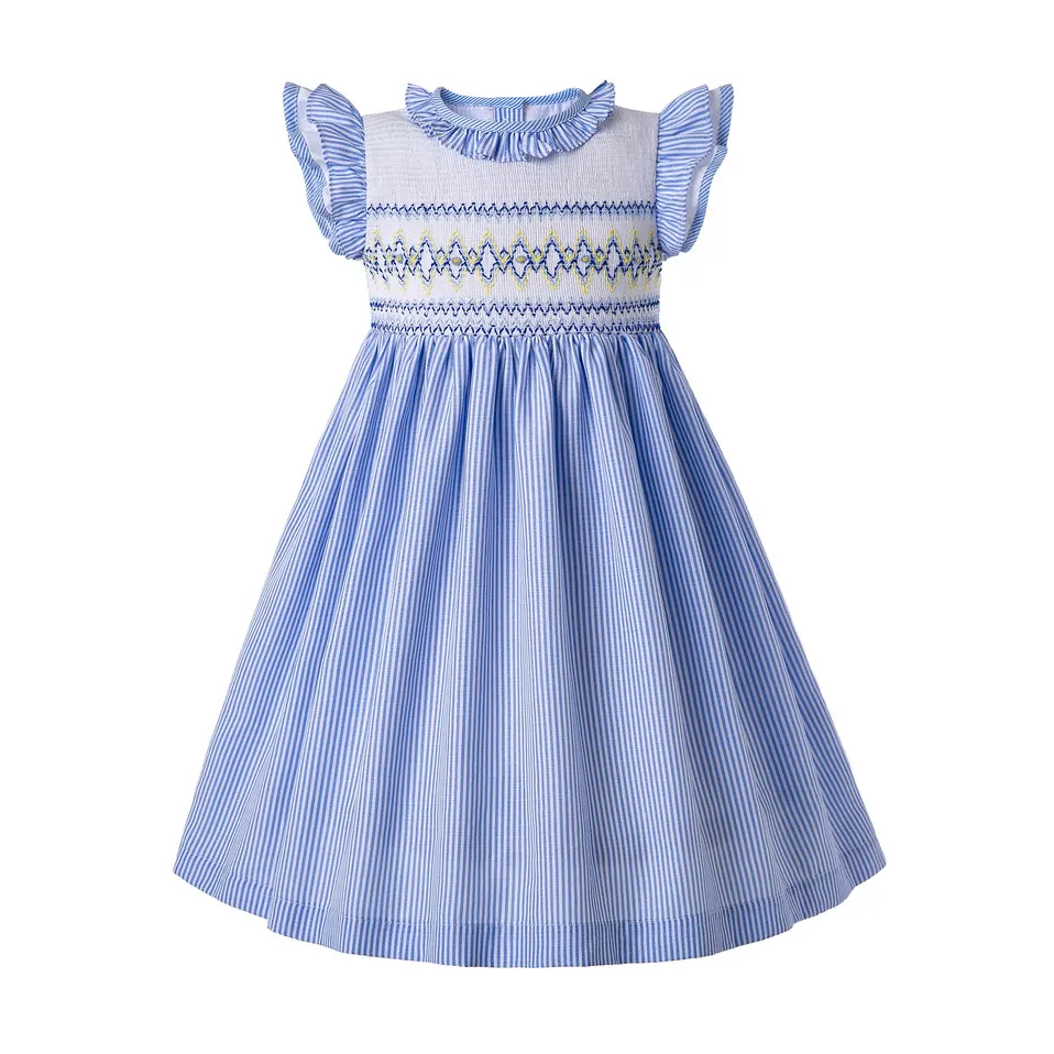 Pettigirl Light Blue Smocked Dresses For Girls Fly Sleeve Summer Baby Smocked Dress Ruffle Collar Vintage Kids Clothing