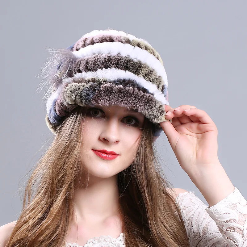 

Rex Rabbit Fur Women Cap Lady Winter Thickening Warm Visor Hat Adult Female Outdoor Soft Fashion Knitted Girls Visors Hats H7039