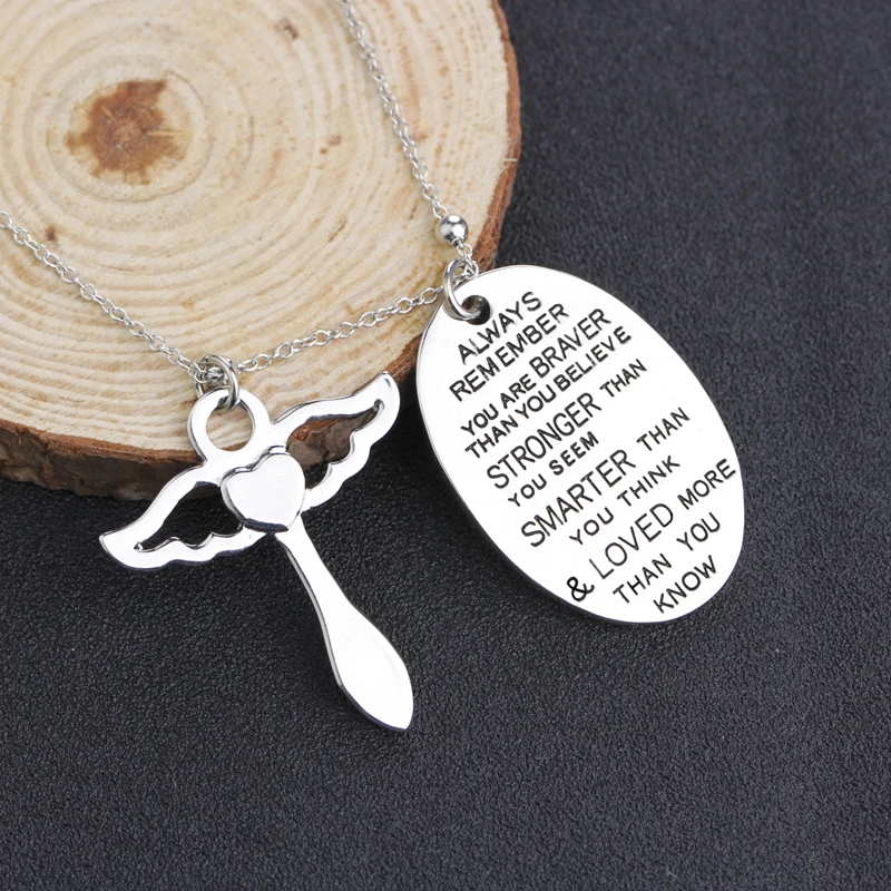 Always Remember You Are Braver Than You Believe Inspirational Letters Engraved Angle Wing Charm Necklace