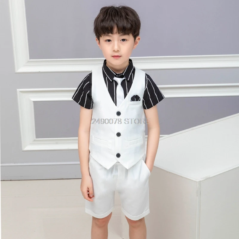 2021 Boys Formal Suits Summer Short Sleeve Blazer+Shorts  2pcs Children Kids Wedding Clothing Sets Prom Performance Costumes