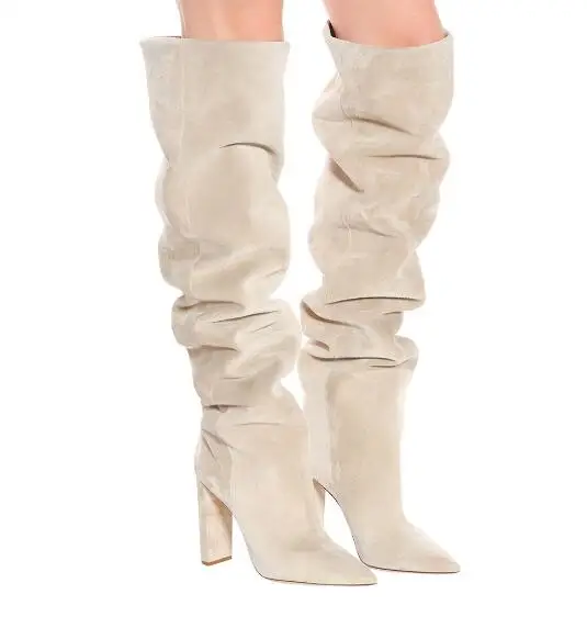 Sexy Beige Suede Stretch Fabric Over The Knee Boots High Heel Pointed Toe Chunky Heels Thigh High Stiletto Boots Women Plus Size
