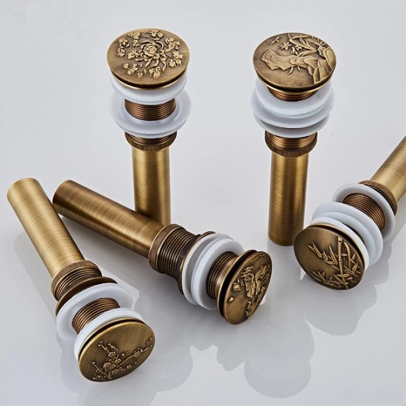 1pc Artistic Bathroom Basin Lavatory Sink Pop Up Drain with Round Carved Cover Brass Antique Hand-drawing Bathroom Accessories