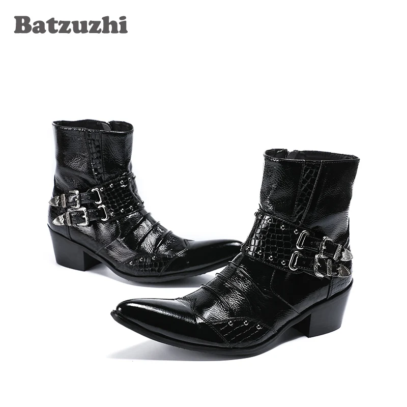 Batzuzhi Western Boots Men Black Genuine Leather Mens Boots Pointed Toe 6.5cm Heels Cowboy Motocycle Boots Male Botas Hombre,U12