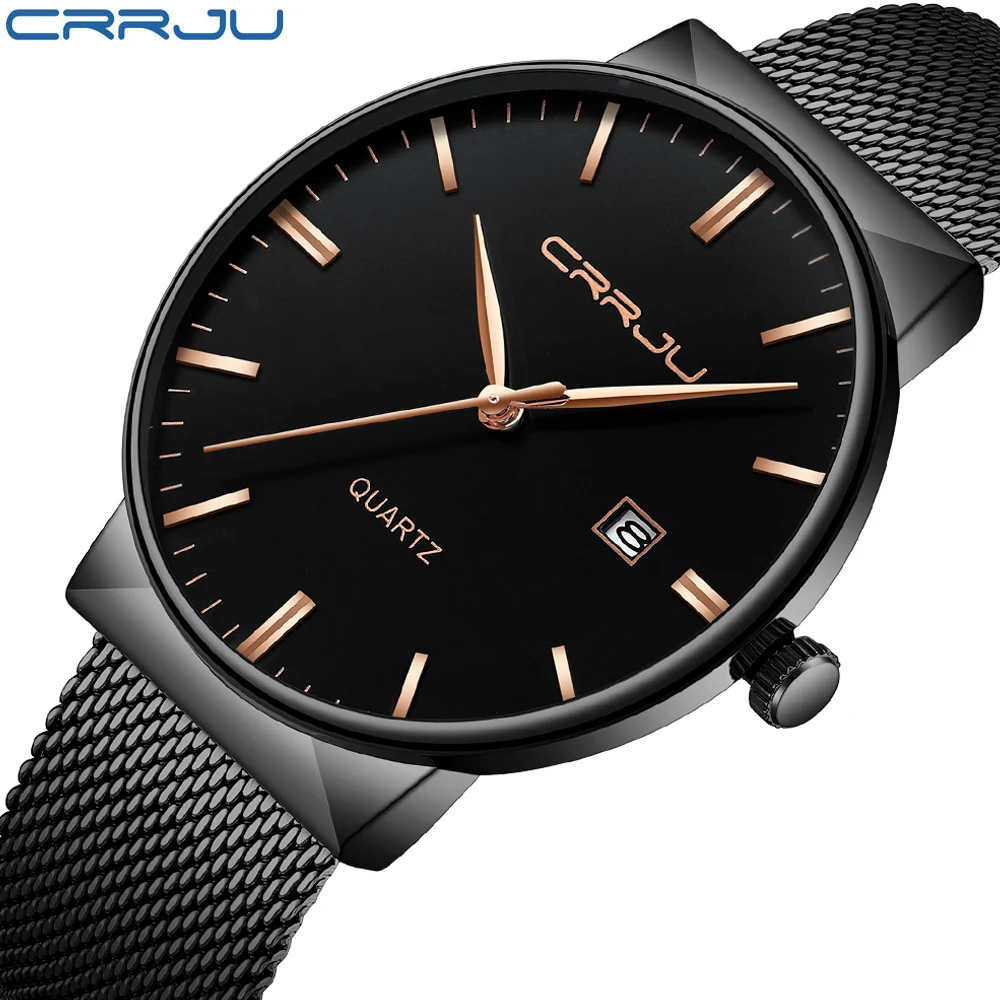 

black Top Luxury brand CRRJU Watches men Stainless Steel Mesh strap Quartz-watch Ultra Thin Dial Clock man relogio masculino