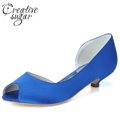 Creativesugar Concise D'orsay woman satin evening dress shoes med low heel open toe wedding party prom banquet white royal blue