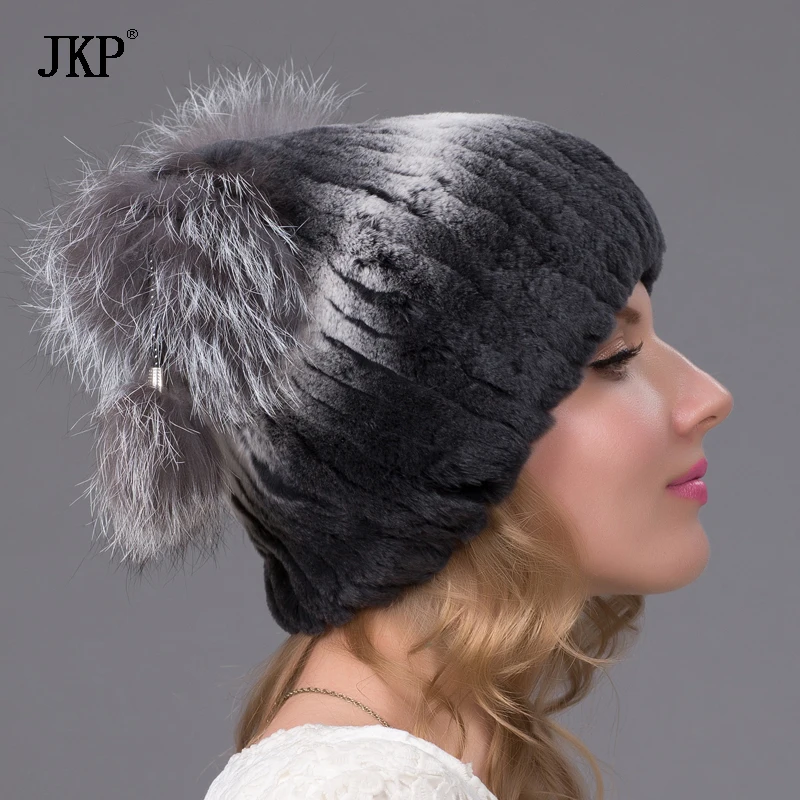 Women\'s Real Natural Rex Rabbit Knitted Winter Hat Warm Thick Fox Fur Ball Plush Cap Cute Stitching Female Header Gift THY-29