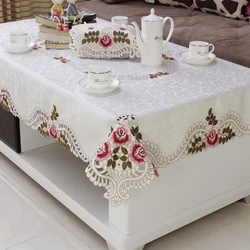 Home hotel dining wedding White Red Table Cloth with Lace Embroidered Floral Rectangular Tablecloth to table covers