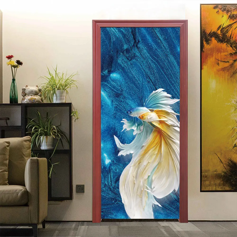 3D view goldfish door stickers mural 77x200cm vinyl diy home decor wallpapers selh adhesive wooden door renew decals waterproof