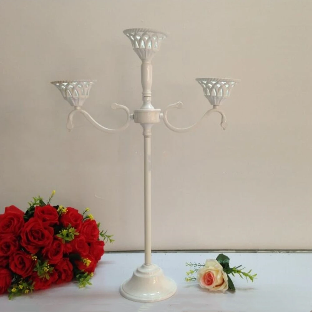 60 CM Height White Metal candle holder/ metal candelabra/ simple 3-arms hollow candle cup candle holder wedding home decoration