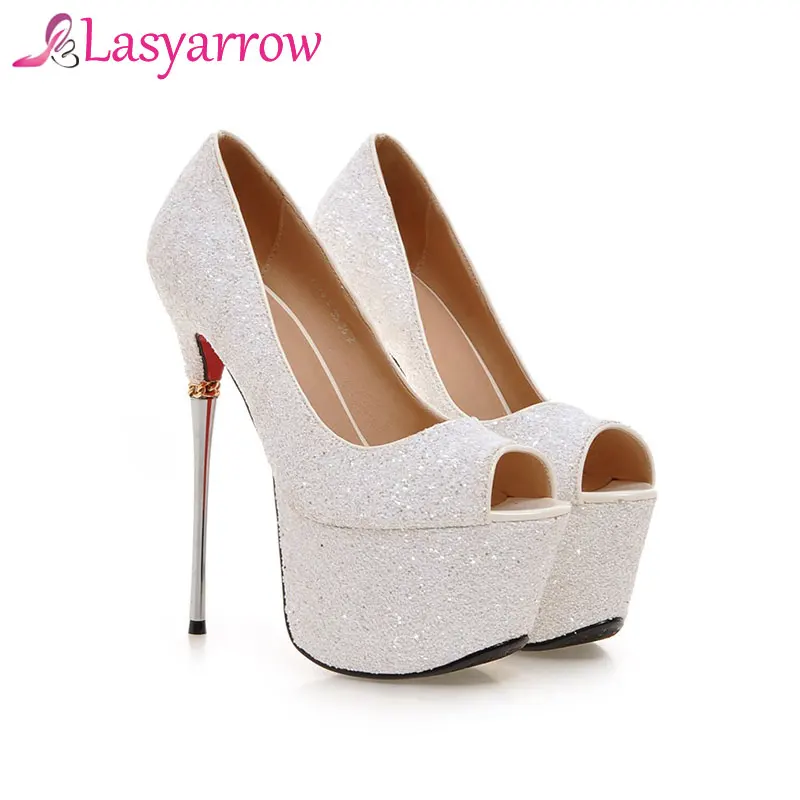 Lasyarrow Brand Shoes Women Platform High Heels Pumps Peep Toe Bling Bling Gold Silver Wedding Shoes Thin Heels Big Size RM177