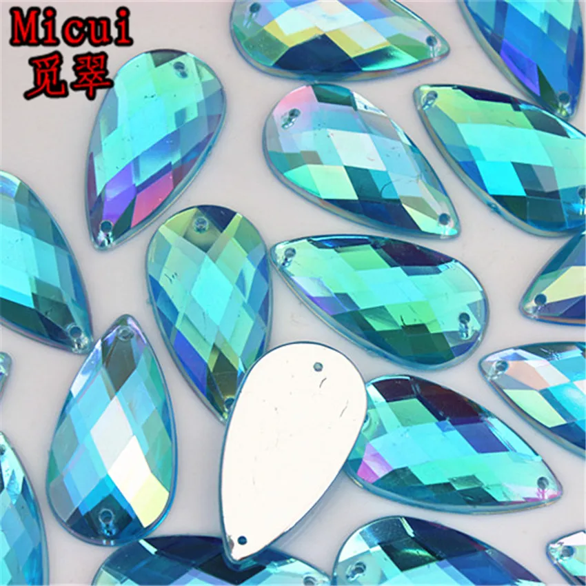 Micui 30PCS 16*30mm Drop Shape AB  Acrylic Rhinestone Sew On Flat Back Fancy Crystal Stones For Clothing Dress Decorations ZZ421