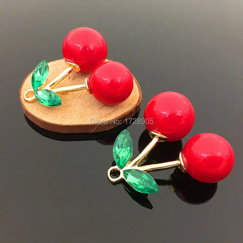 Vintage Red Cherry Charm Pendants with Green Crystal 10pc Big 43mm Alloy Pendant for DIY Necklaces Bracelets Jewelry Accessories