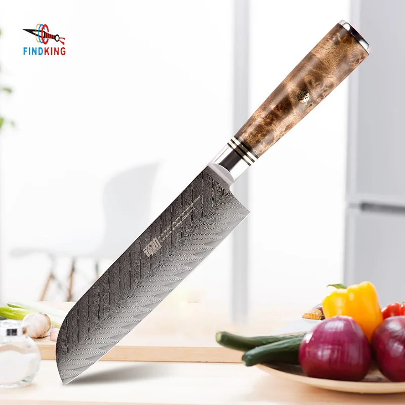 

FINDKING AUS-10 damascus steel Sapele wood handle arrow pattern damascus knife 7 inch Santoku knife 67 layers kitchen knives