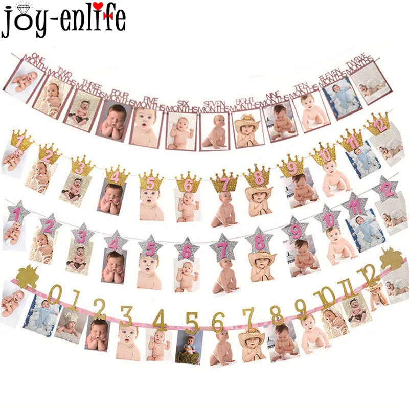 1set First Birthday Boy Girl Party 12 Month Photo Frame Banner Baby Shower Paper Garland 1st Birthday Party Decoration Supplies