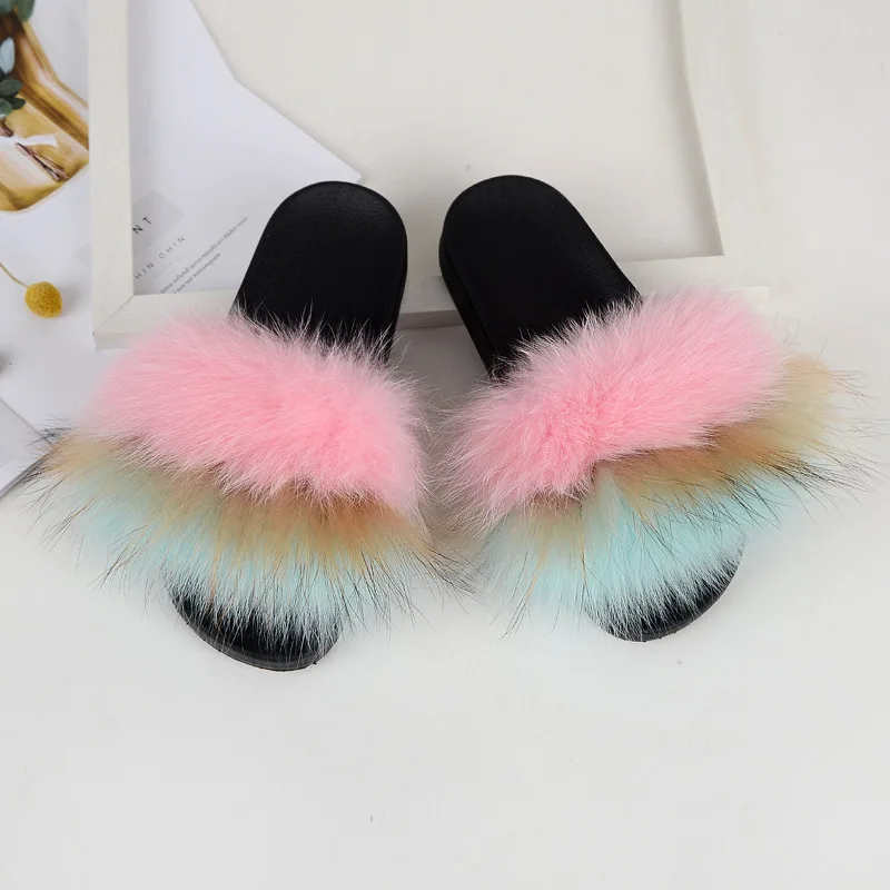 2020 Baby Fur Slides fur sliders Real Fox Fur Slides Slippers Furry Slippers Toddler Soft Children Fox Fur Slippers Kids Sandal