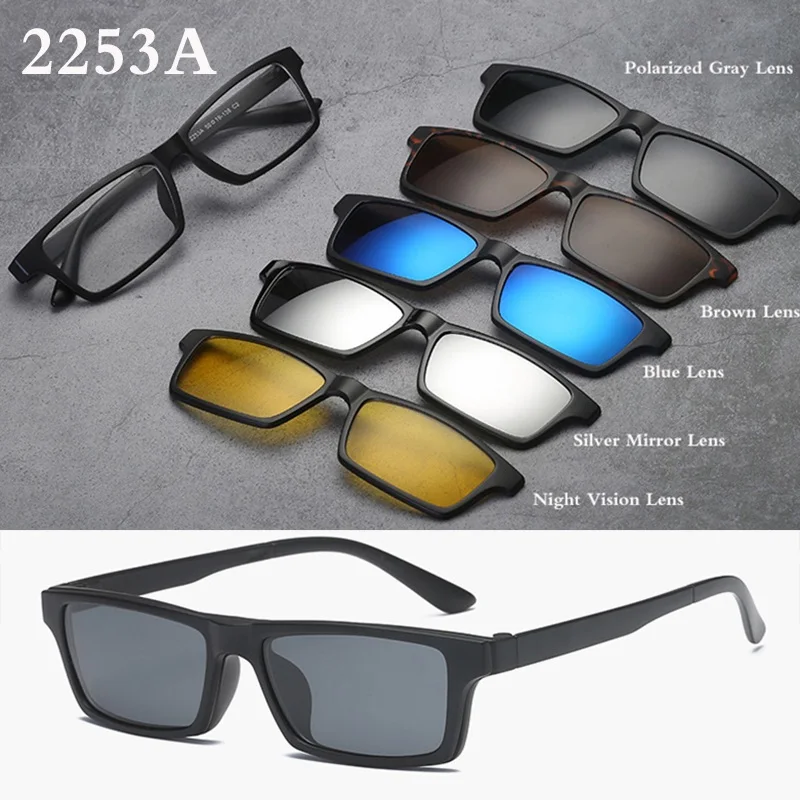 Belmon Spectacle Frame Men Women With 5 PCS Clip On Polarized Sunglasses Magnetic Glasses Male Myopia Computer Optical RS543