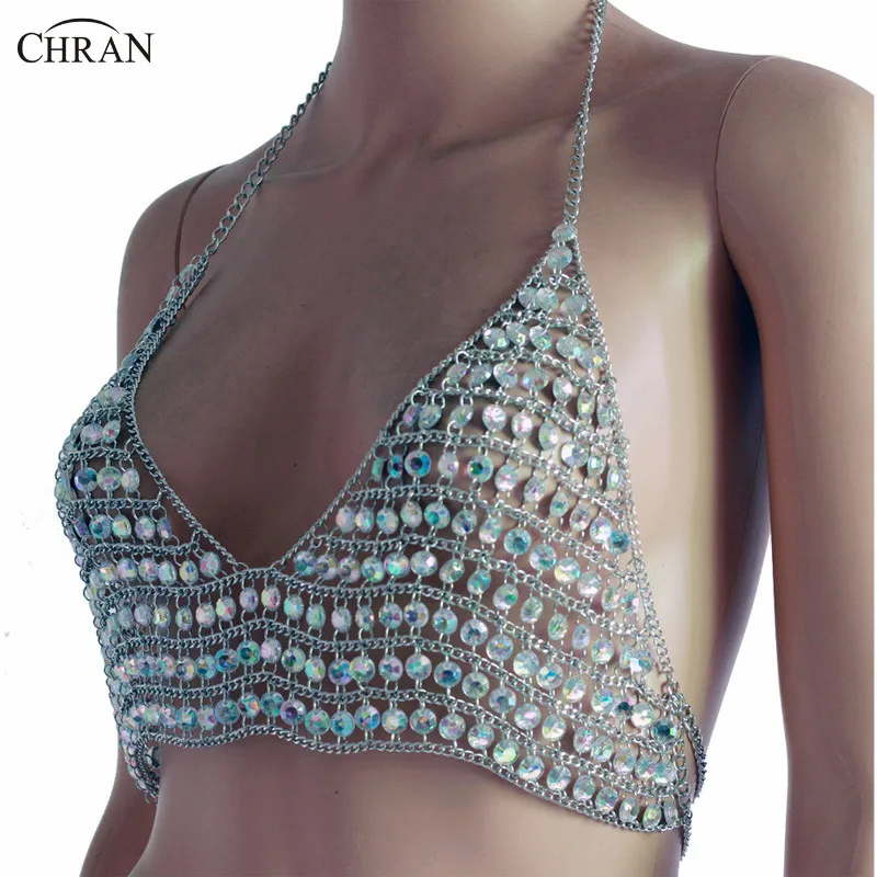 Chran Fashion Apparel Beaded Sequin Bra Body Chain Sexy Bikini Bralette Halter Festival Beach Jewelry