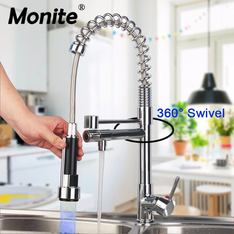 Monite LED Chrome Polish Nickel Brush Kitchen Sink Mixer Tap Faucet Swivel Spout Spring Pull Down Spray Rotated 2 Functions