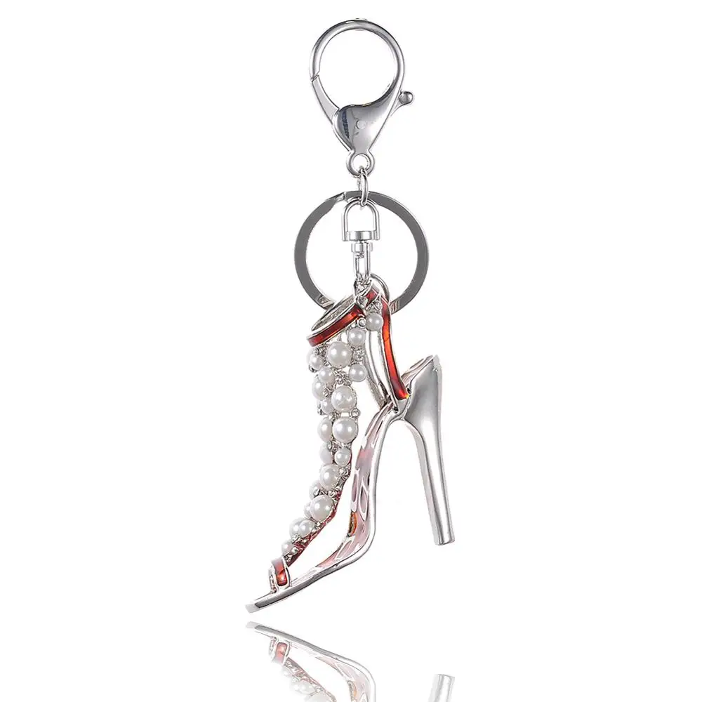 Gota de Óleo Gotejamento Liga de alta Qualidade Chaveiro Chaveiro Esmalte sapatos de Salto Alto Strass Pérolas de cristal KeyChain Anel Chave inoxidável mulheres