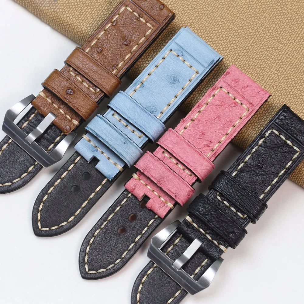 Pesno Africa Genuine Ostrich Leather Watch Band Black Brown Grey Pink Blue 24mm Watch Strap Men Watch Accessory for Panerai