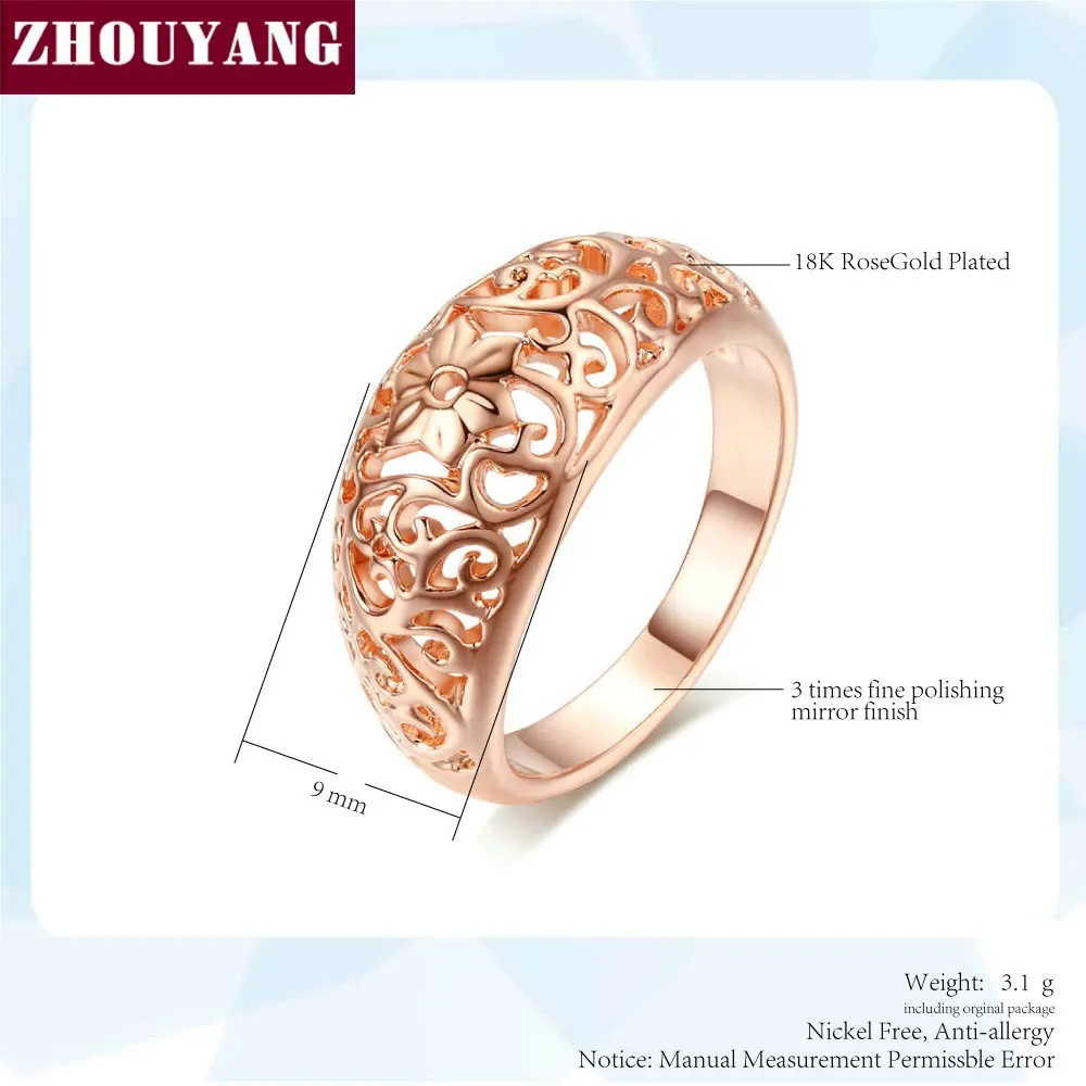 ZHOUYANG Vintage Chunky Ring For Women Hollow Out Flower Hollowing Craft Rose Gold Color Fashion Jewelry Friendship Gift R281