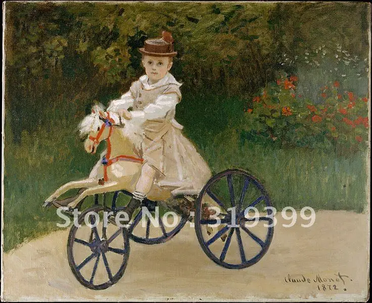 Reproducción de pintura al óleo sobre lienzo de lino, Jean en su caballo Hobby de Claude Monet, 100% hecho a mano, envío rápido, calidad del museo