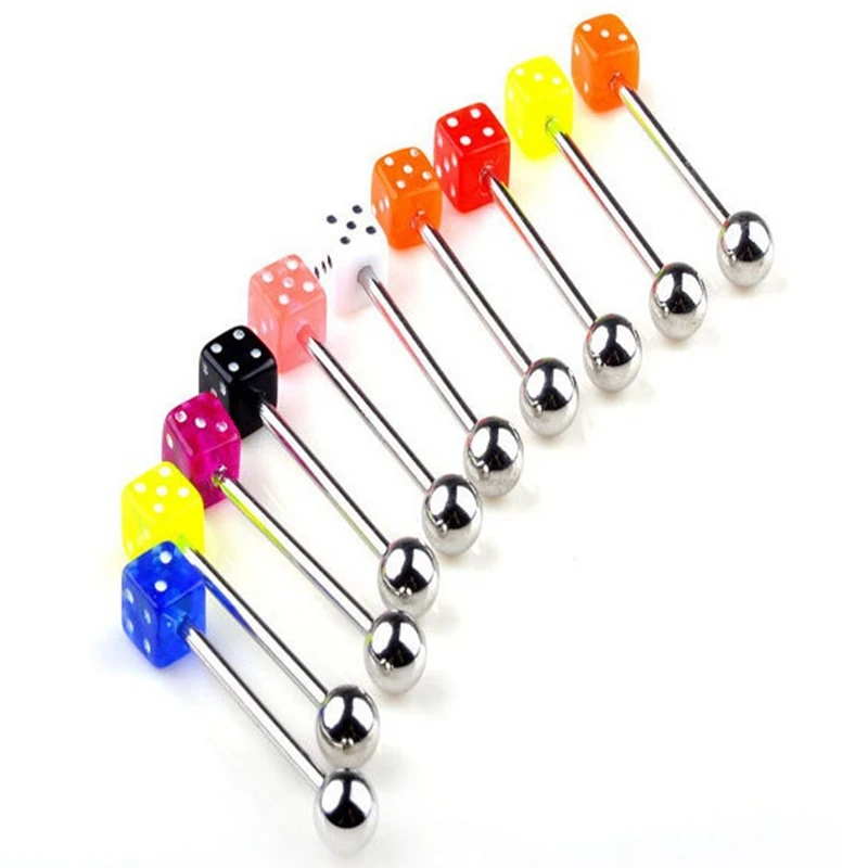 10PCS Hiphop Acrylic Dice Labrets Lip Ear Bone Bar Stud Chin Stainless Steel Tongue Ring Steel Body Piercing Jewelry for Women