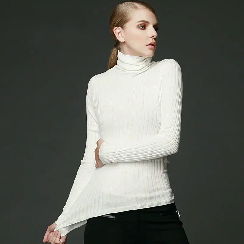 SuyaDream Women Wool Turtleneck Pullover 100%Wool Rib Knits Solid Sweaters White Black Khaki Bottoming pull femme