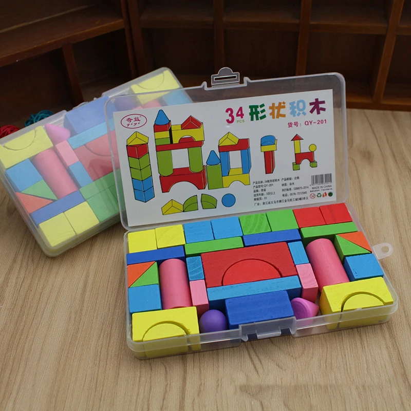 New 34pcs/Set Montessori Colorful Wood Building Blocks Bright Assemblage Block Early Educational Early Learning Toys For Kids