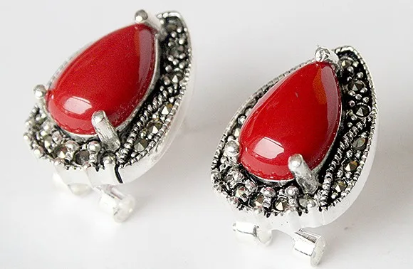 

VINTAGE 925 STERLING RED CORAL MARCASITE EARRINGS 15X19MM natural gem/stone/coral/opal Marcasite Factory wholesale price