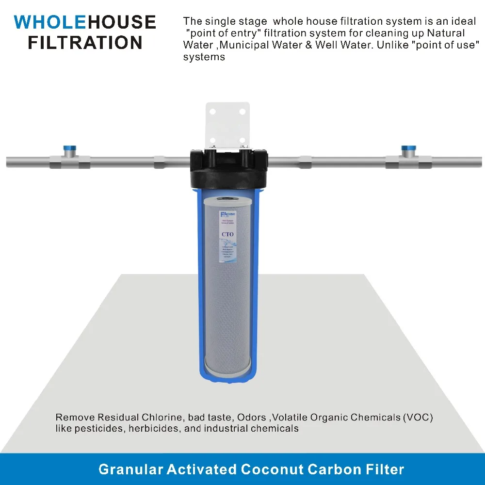 Sistema de filtragem de água para toda a casa, com filtro de bloco de carbono de 20 polegadas, 20 polegadas, suporte de montagem, chave e parafuso, entradas de 1 polegada