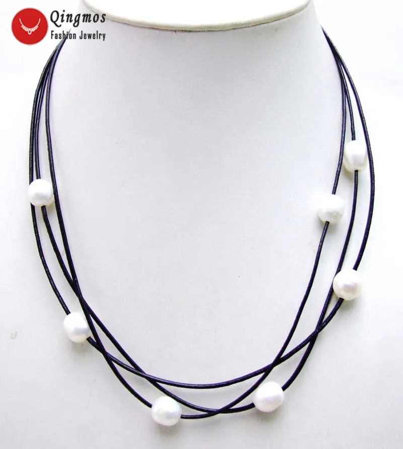 

Qingmos Women's Natural Gray Pearl Necklace 10mm Rice Pearl Pendant Leather Choker 3 Strands 19-21" Chokers Jewelry Accessory