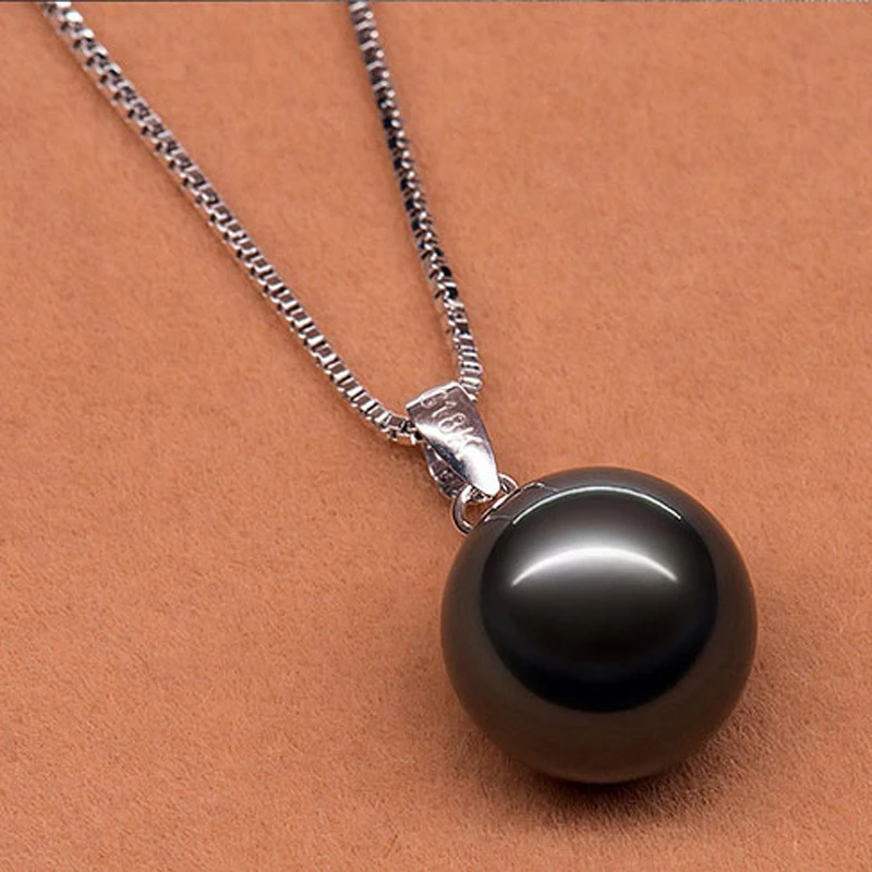 

10-11mm Genuine Natural Black Tahitian Pearl Pendent Necklace with 14 K White Solid Gold Chain and Bail