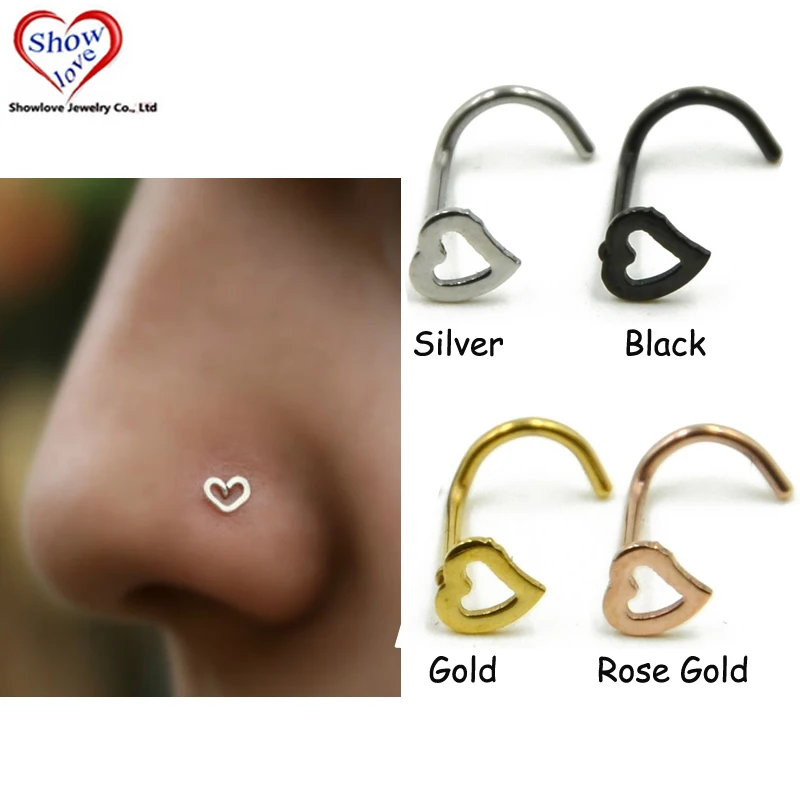 Showlove-4pcs Surgical Steel Hollow Heart Nose Screw Rings Studs Piercing