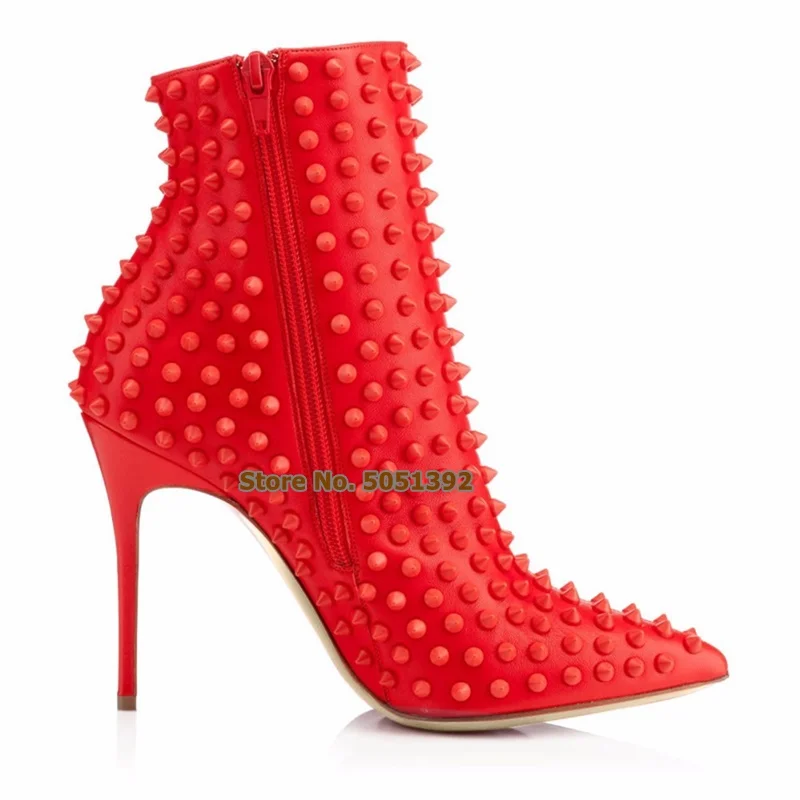 Women High Heel Rivets Boots Pointed Toe Stiletto Fashion Spring Autumn Shoes Large Size Side Zipper Solid Dress Booties