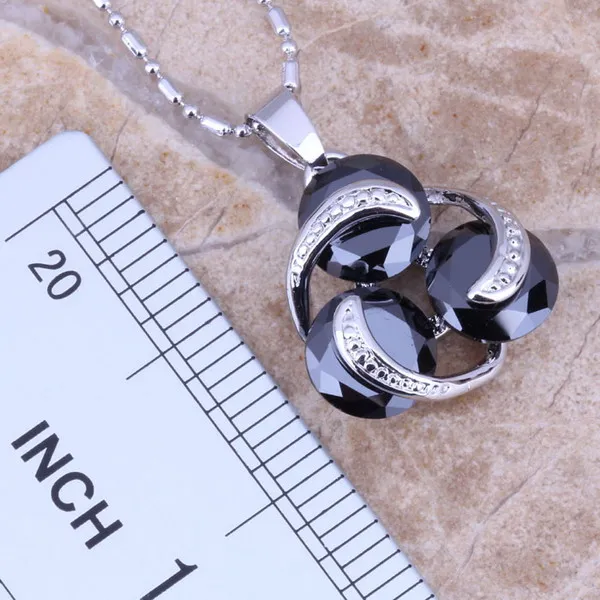 Charming Black Cubic Zirconia Silver Plated Jewelry Sets Earrings Pendant Ring Size 6 / 7 / 8 / 9 / 10 / 11 / 12 S0122