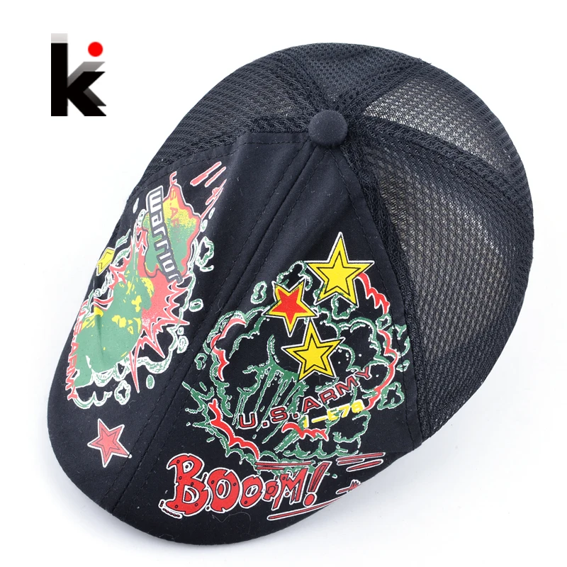 Spring And Summer Kids Berets Breathable Mesh Patchwork Hats For Boy And Girl U.S.Army And U.S.AF Colorful Printed Cap For Child