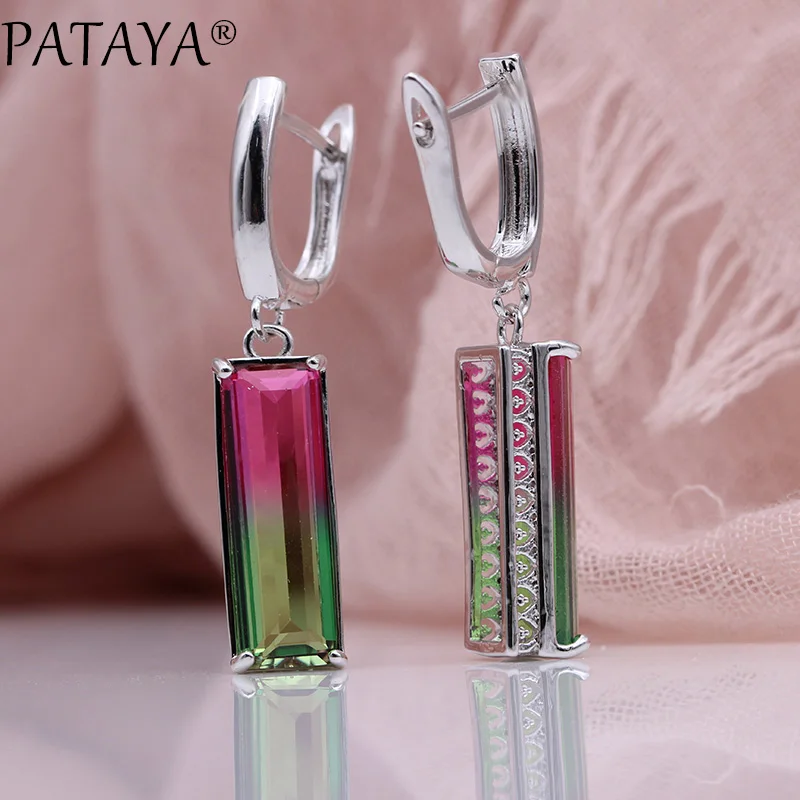 PATAYA New Gradient Blue Long Earrings Women Fashion Luxury Jewelry 585 Rose Gold Color Tourmaline Zircon Square Dangle Earrings