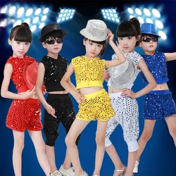 Kid Sequin Hip Hop Clothing Casual Shirt Cropped Sweatshirt Tops pants Girls Jazz Dance Costume Ballroom Dancing Clothes Wear