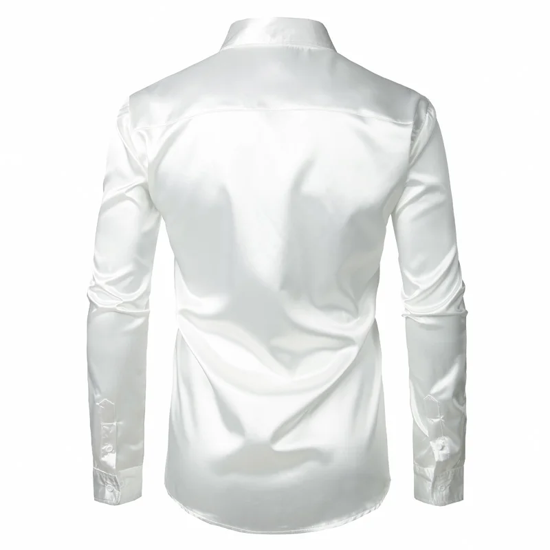 Stylish White Silk Satin Shirt Men Chemise Homme 2023 Casual Long Sleeve Slim Fit Mens Dress Shirts Business Wedding Male Shirt