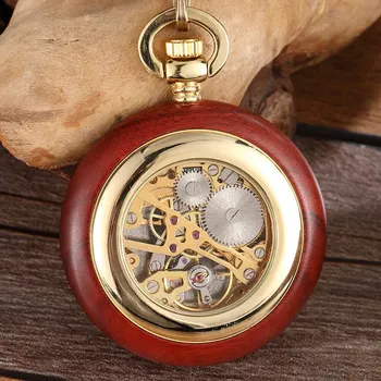 Reloj de bolsillo mecánico con caja de madera Vintage para hombre y mujer, esfera con números romanos, mano, viento, esqueleto, cadena FOB colgante