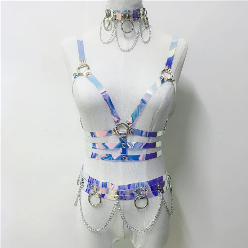 Women Laser Transparent PVC Caged Bra Body Harness Belt 2019 Sexy Waist Belt Bondage Female Holographic Strap Top Waist Belts