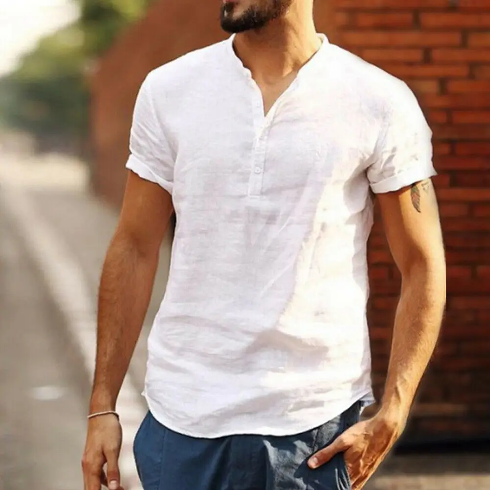 

2019 Summer New Men's Casual Cotton linen shirt Male White Short Sleeve Shirts Men Summer Solid Color Shirt Tops High Quality